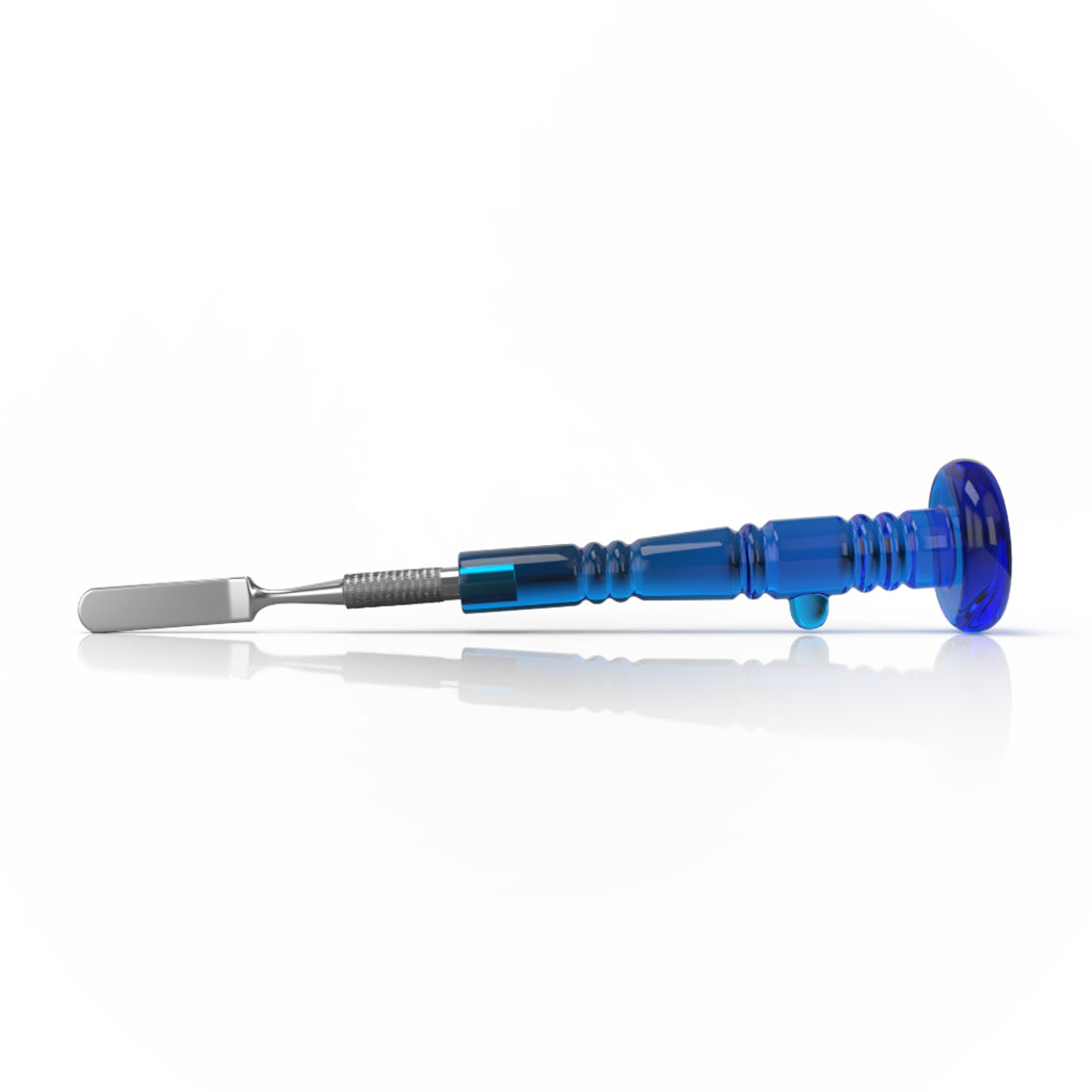 Delighted Dab Tool With Steel Rounded Blade Tip & Blue Glass Handle On Round Base Horizontal View
