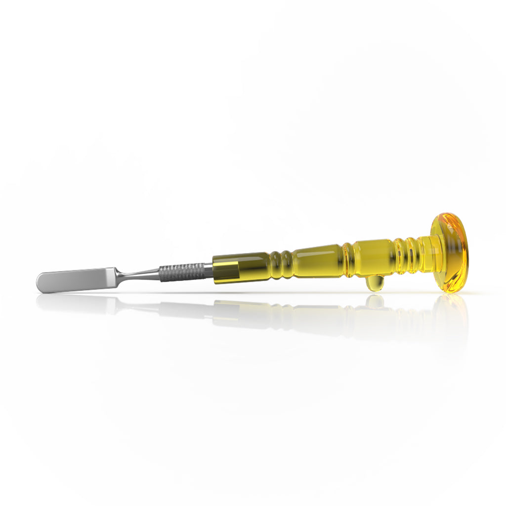 Delighted Dab Tool With Steel Rounded Blade Tip & Orange Glass Handle On Round Base Horizontal View