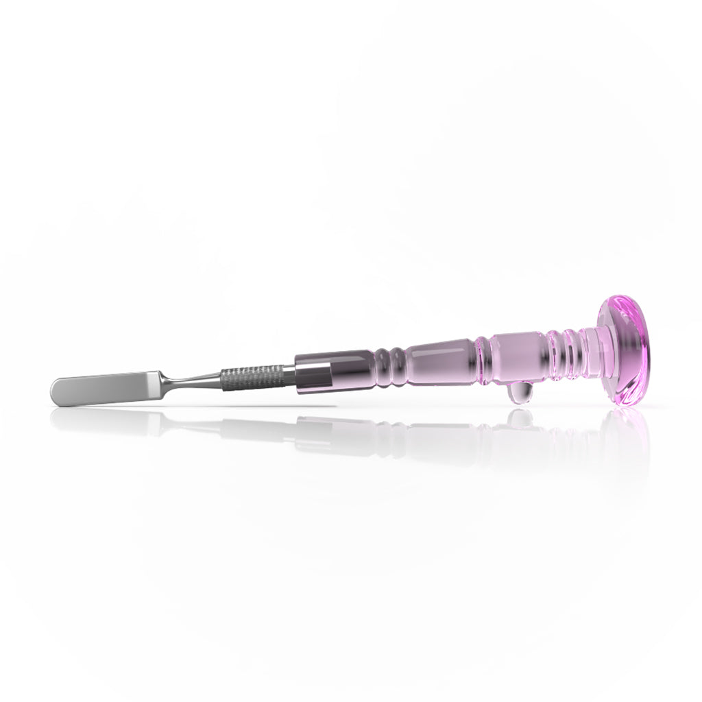 Delighted Dab Tool With Steel Rounded Blade Tip & Pink Glass Handle On Round Base Horizontal View