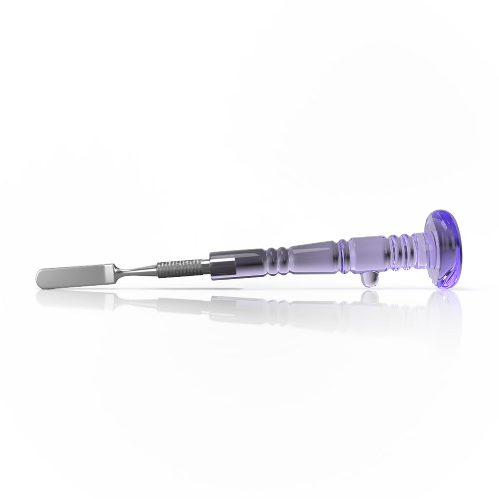 Delighted Dab Tool With Steel Rounded Blade Tip & Purple Glass Handle On Round Base Horizontal View