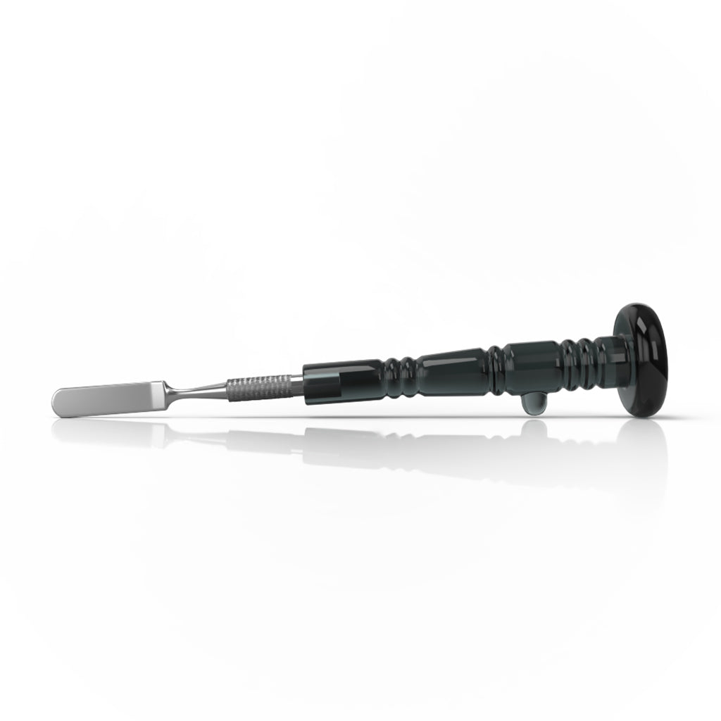 Delighted Dab Tool With Steel Rounded Blade Tip & Black Glass Handle On Round Base Horizontal View