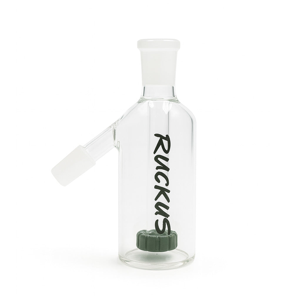 Dark Green Ruckus Disc-O Inferno Ash Catcher with 14mm 45-degree joint available at Honeybee Herb.