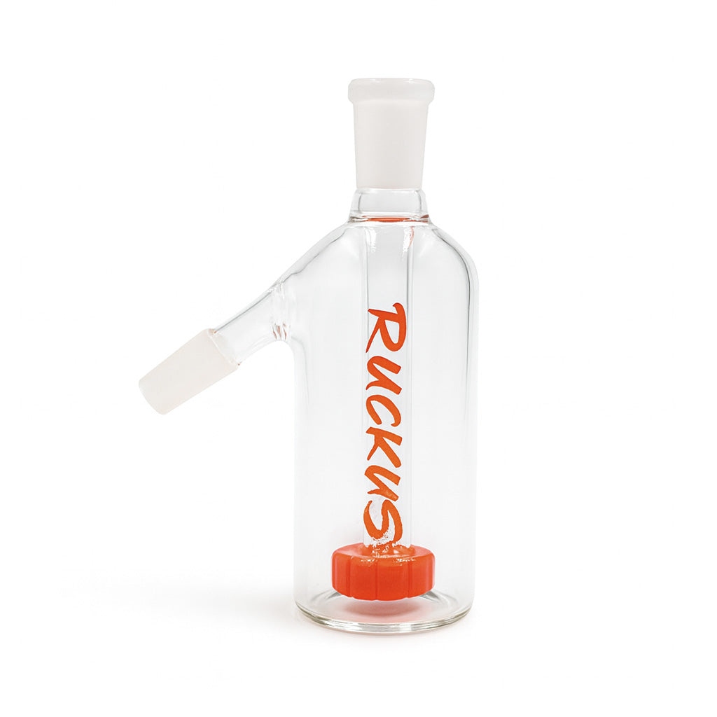 Orange Ruckus Disc-O Inferno Ash Catcher with 14mm 45-degree joint available at Honeybee Herb.