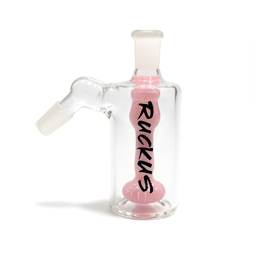 Pink Ruckus Disc-O Inferno Ash Catcher with 14mm 45-degree joint available at Honeybee Herb.