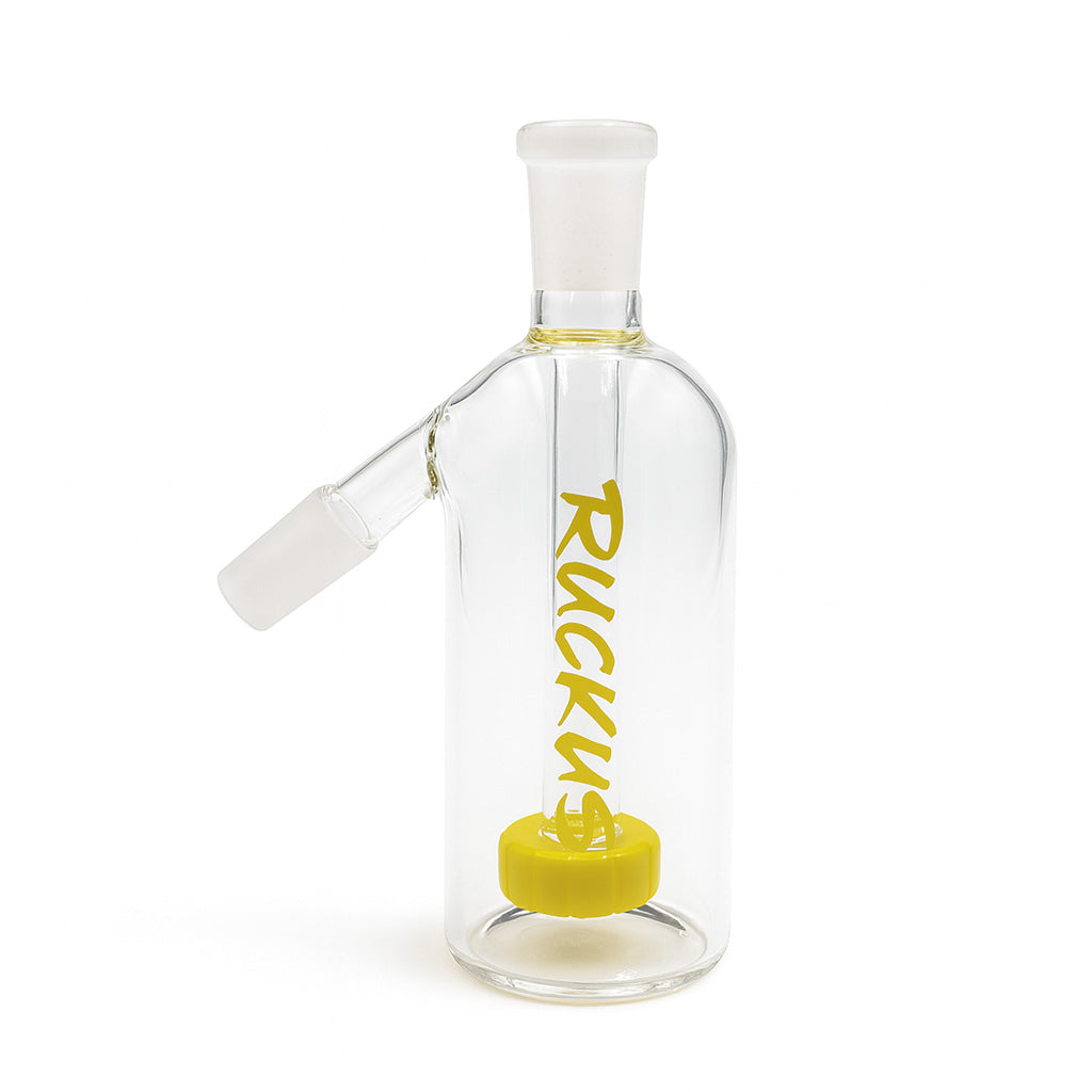 Yellow Ruckus Disc-O Inferno Ash Catcher with 14mm 45-degree joint available at Honeybee Herb.