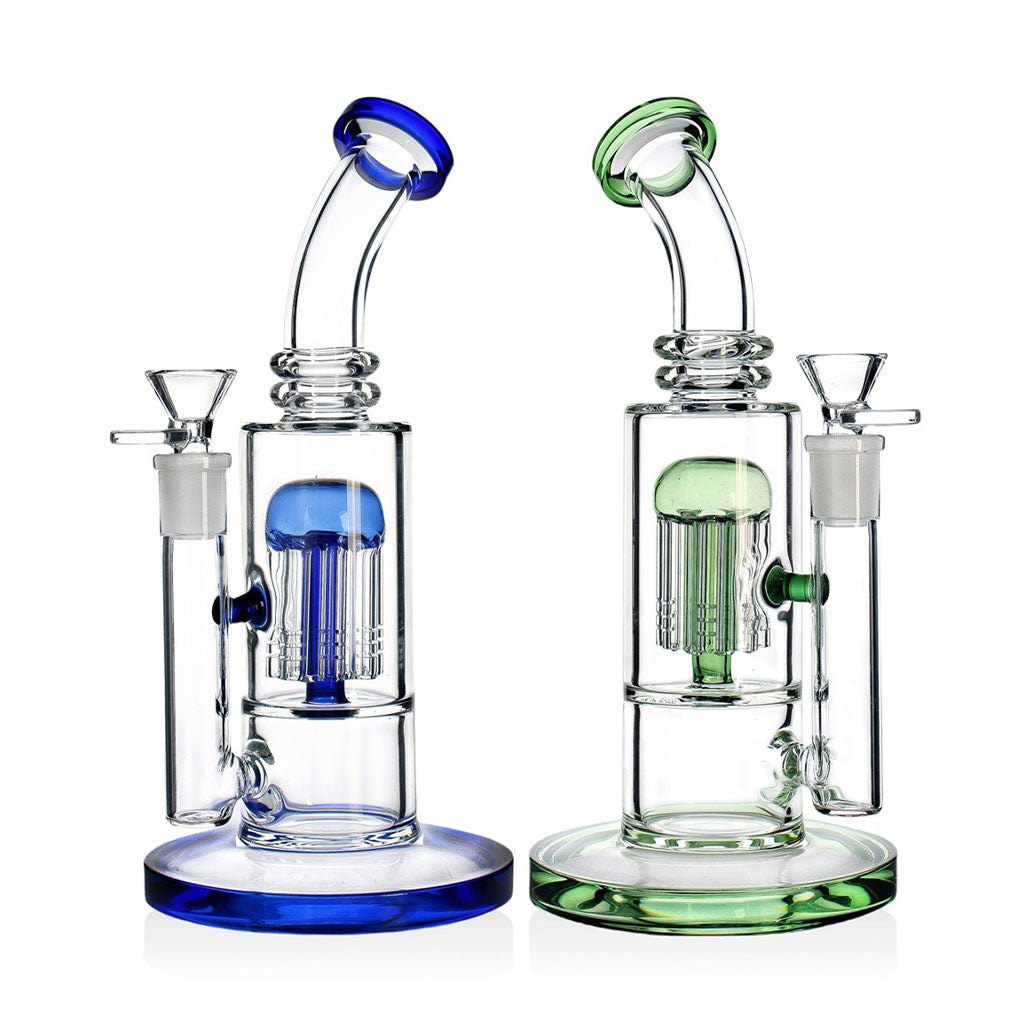 Shop the blue Jellyfish percolator bent neck bong, angled view showing perc and mouthpiece.