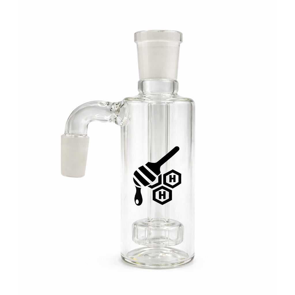 Showerhead Perc Cylinder Ash Catcher, 14mm male 90 degree clear glass ash catcher.