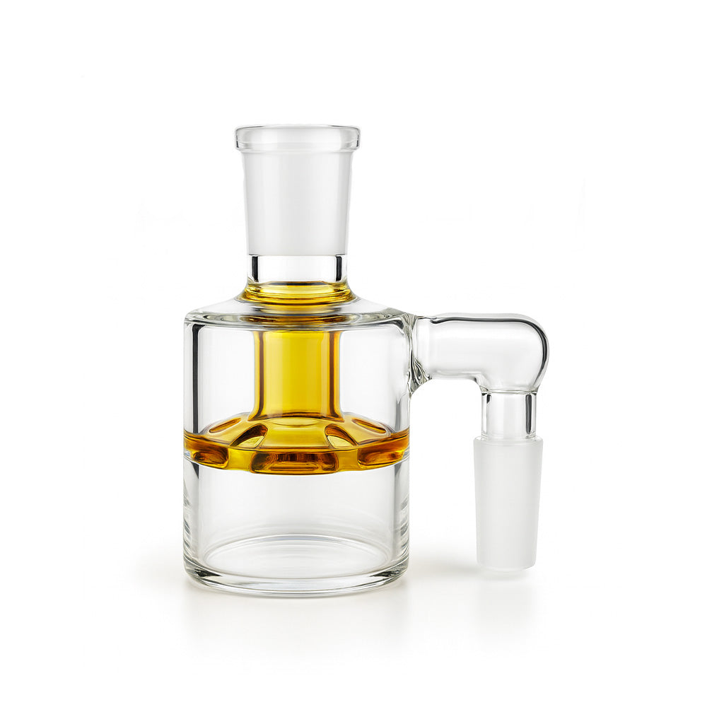 Yellow 90 degree showerhead perc glass ash catcher for optimal smoke diffusion