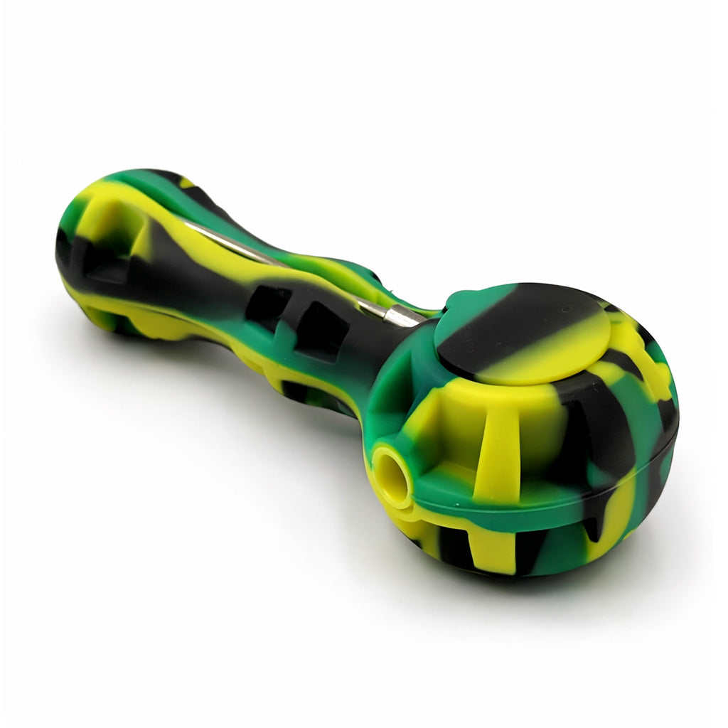 Black, yellow, and green silicone spoon pipe with removable glass bowl insert and built-in tool