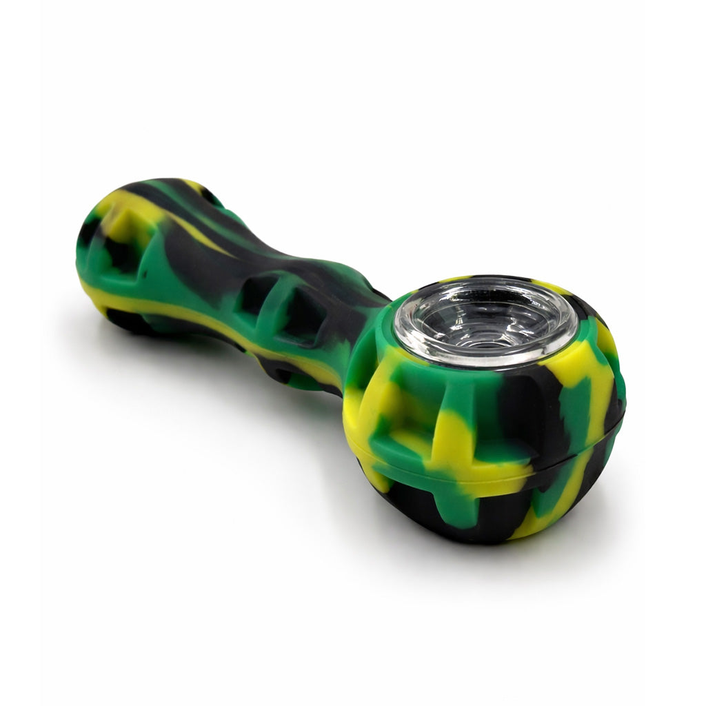 Black, yellow, and green silicone spoon pipe with removable glass bowl insert and built-in tool 