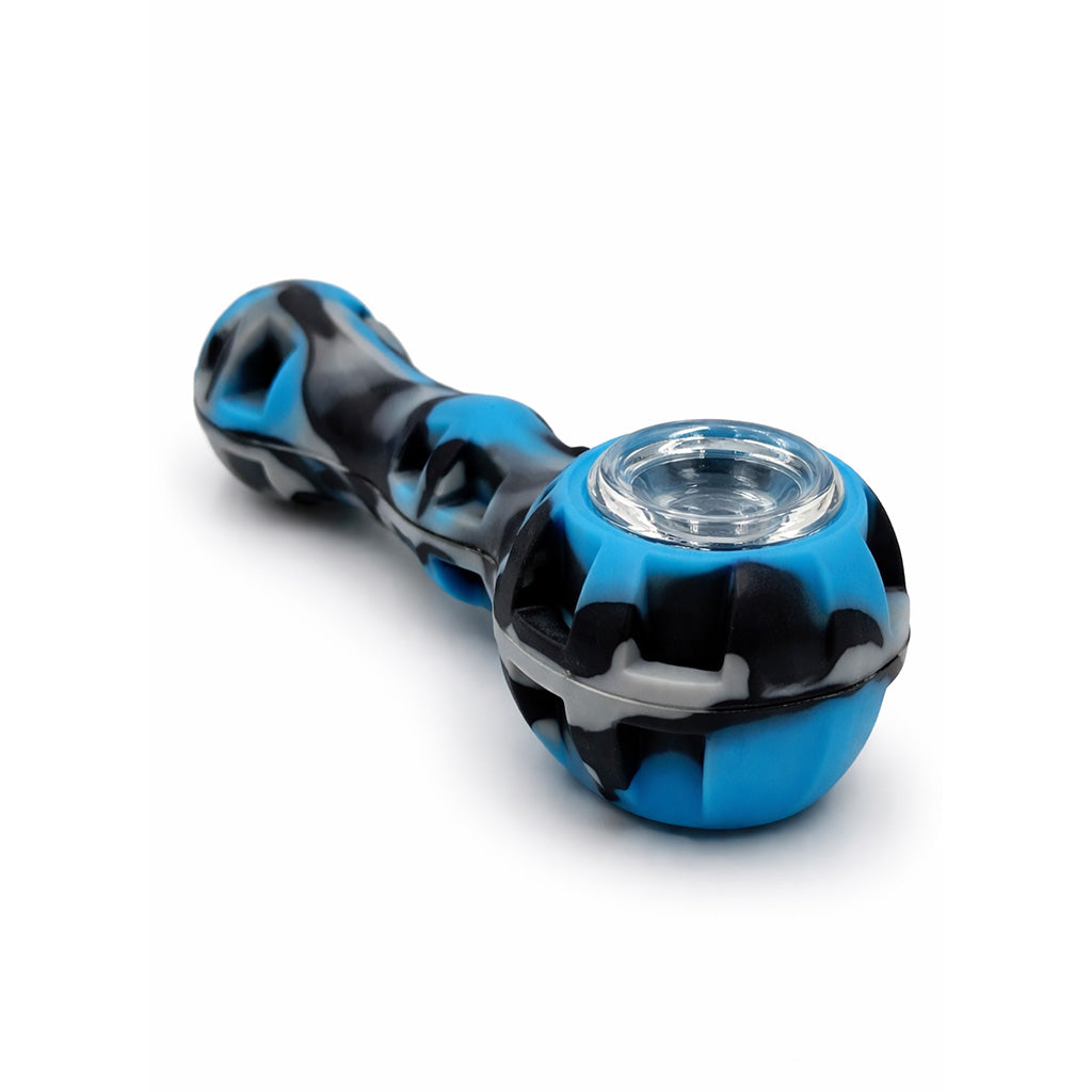 Blue gray and black silicone spoon pipe with lid closed and durable silicone body, shop Honeybee Herb.
