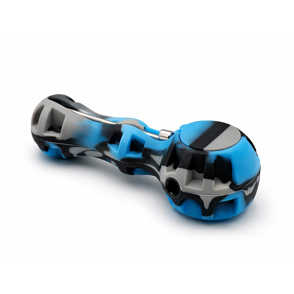Blue gray and black silicone spoon pipe with glass bowl insert visible, available for purchase at Honeybee Herb. 