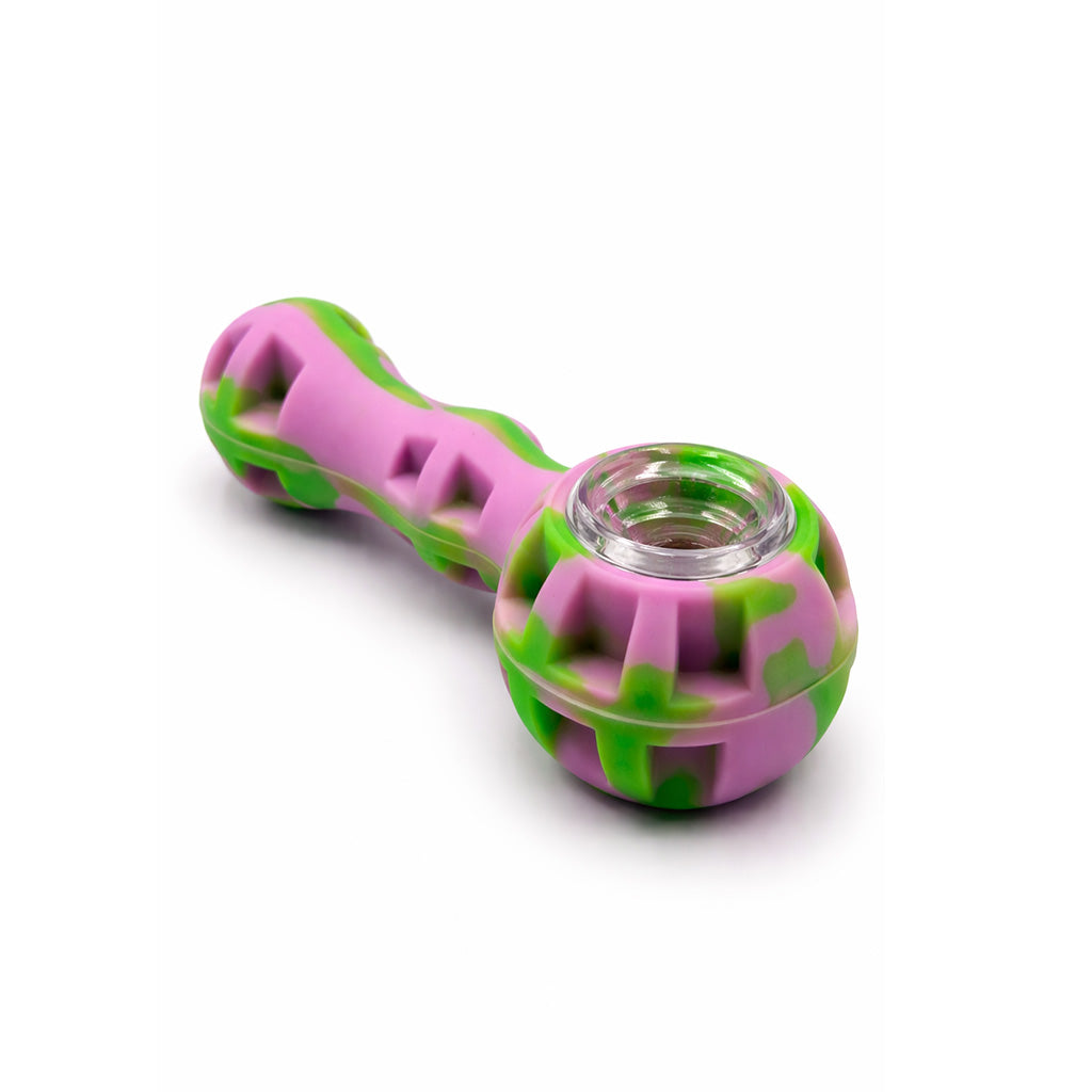  Green and pink silicone spoon pipe with lid closed and pocket-friendly design, buy now at Honeybee Herb.