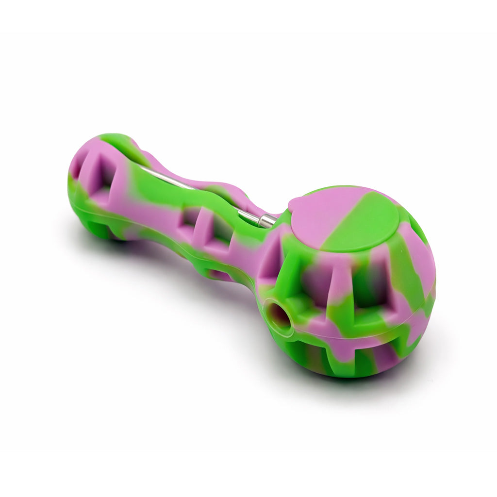 Green and pink silicone spoon pipe showing removable glass bowl insert, ready to order from Honeybee Herb.