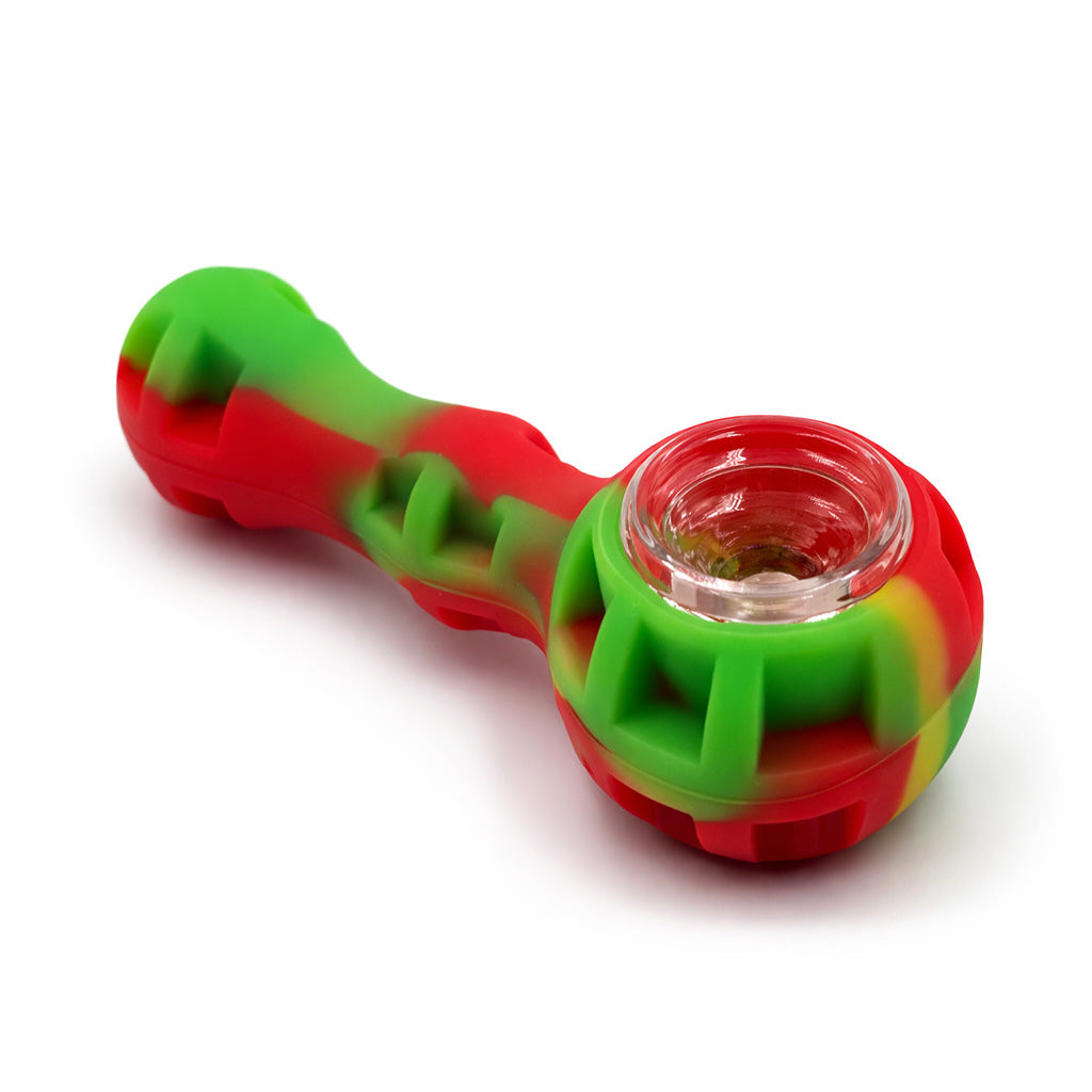 Green yellow red silicone spoon pipe with lid cap and glass bowl for on the go use