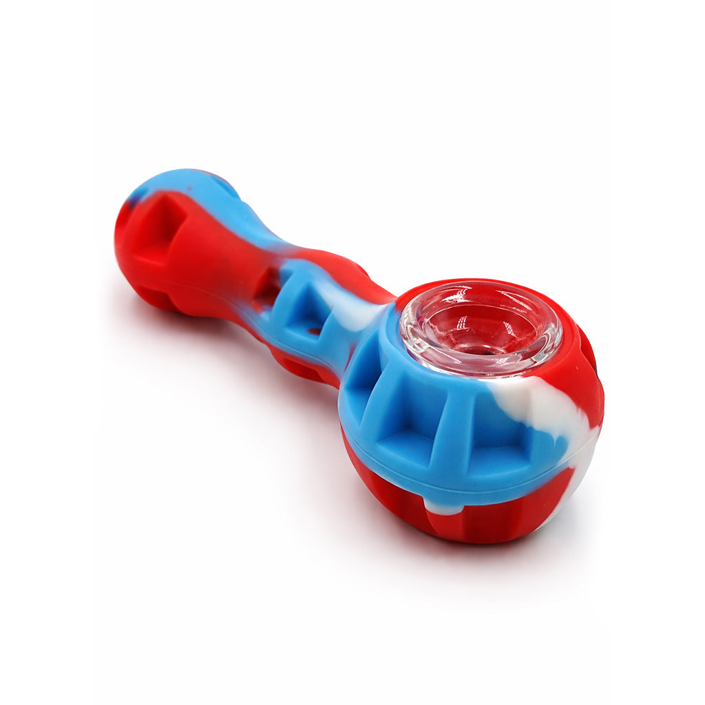 Red white and blue silicone spoon pipe with lid closed and glass bowl inside, shop online at Honeybee Herb.