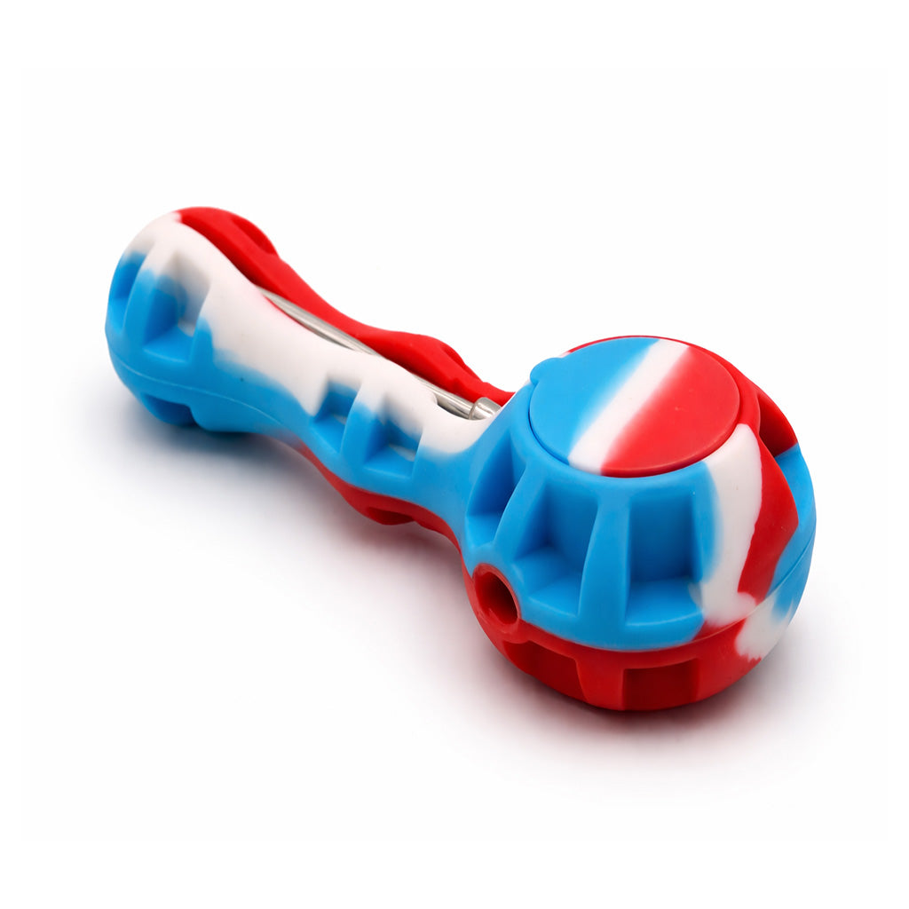 Red white and blue silicone spoon pipe with removable glass bowl insert, available to buy at Honeybee Herb. 