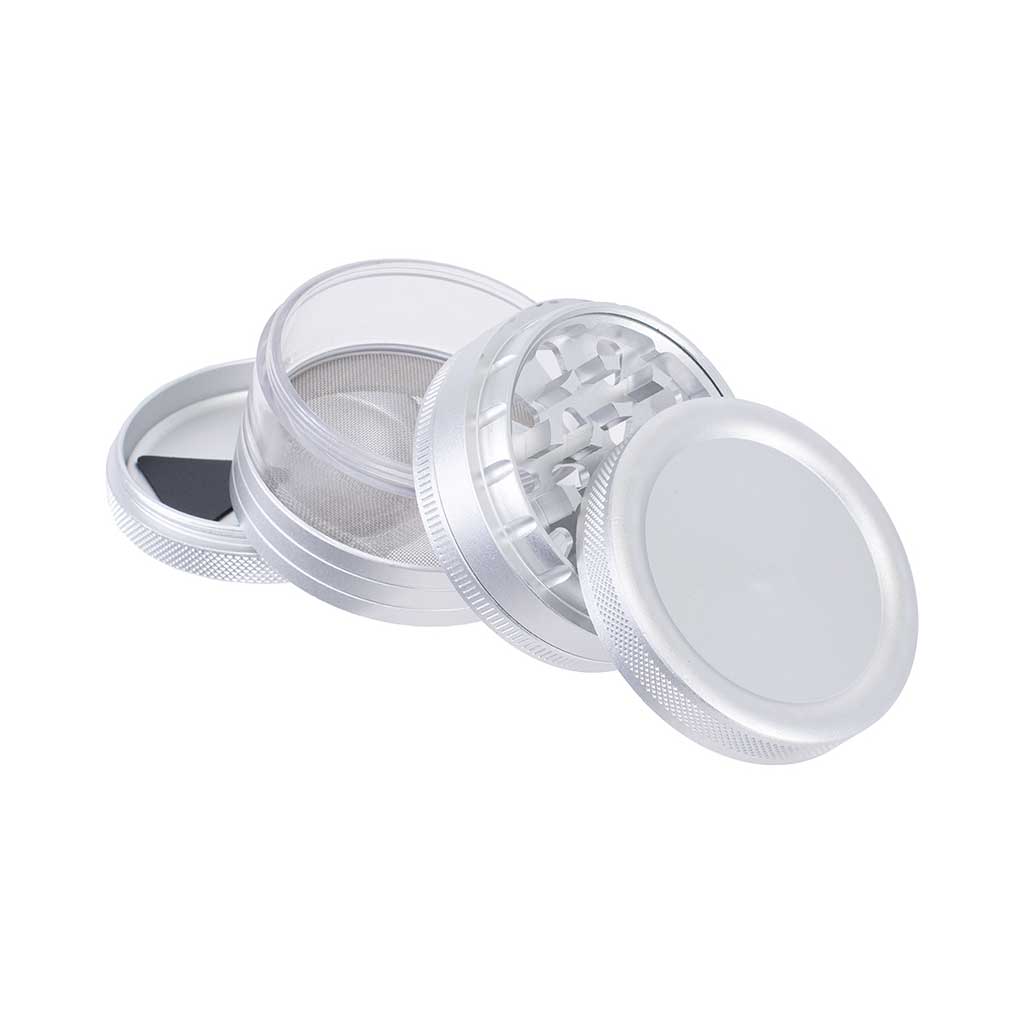 silver see through chamber grinder open with clear parts