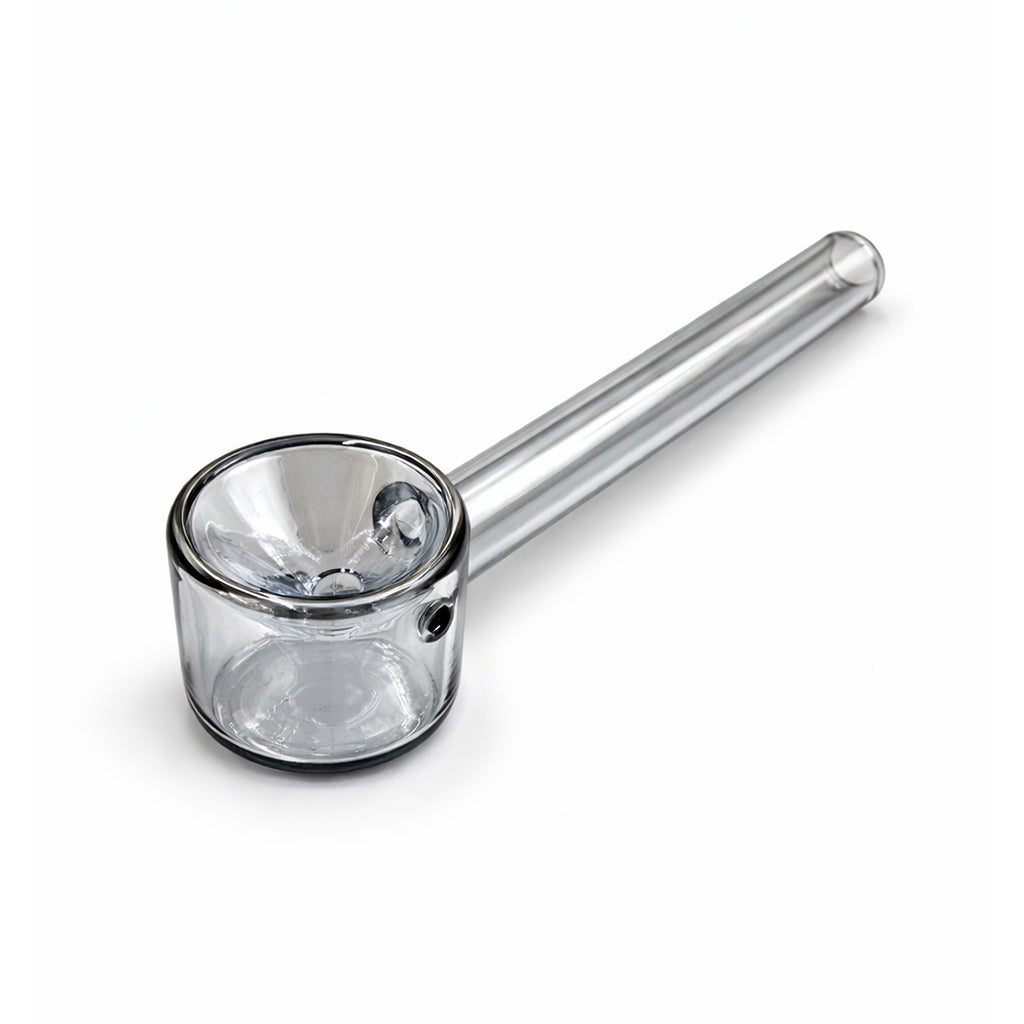 Silver straight tube plated glass hand pipe with deep round bowl and long stem for easy grip, quick packs, and simple cleanup