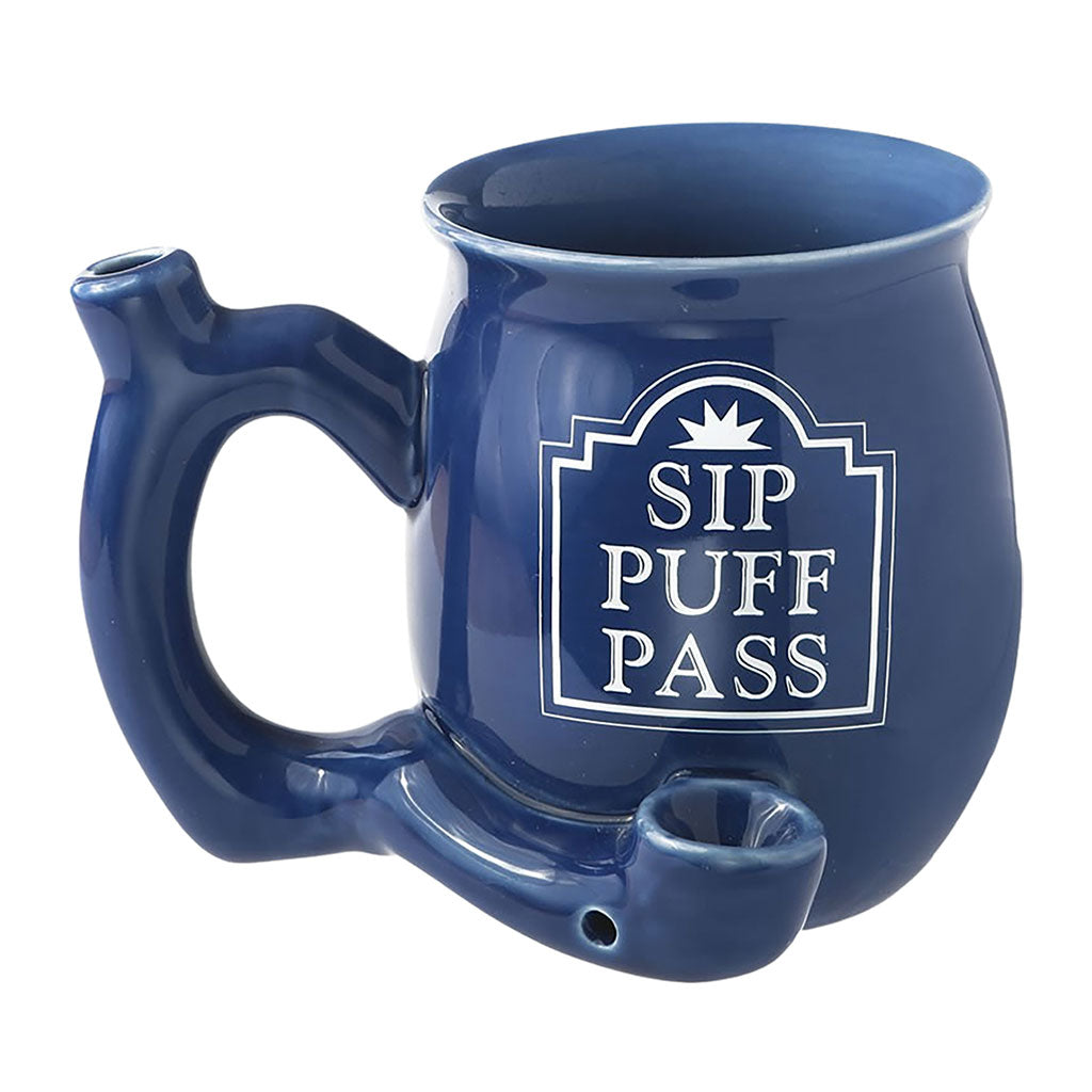 Sip Puff Pass blue chubby roast and toast pipe mug with glossy ceramic finish and built-in pipe-style handle