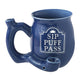 Sip Puff Pass blue chubby roast and toast pipe mug with glossy ceramic finish and built-in pipe-style handle