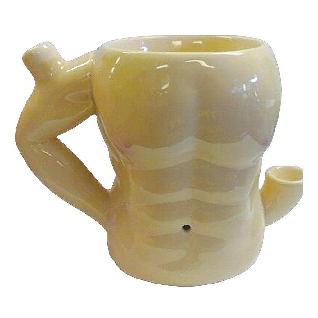 Glossy beige Six Pack Abs Roast & Toast pipe mug with sculpted torso shape, handle arm, and side bowl for adult smoking accessory buyers