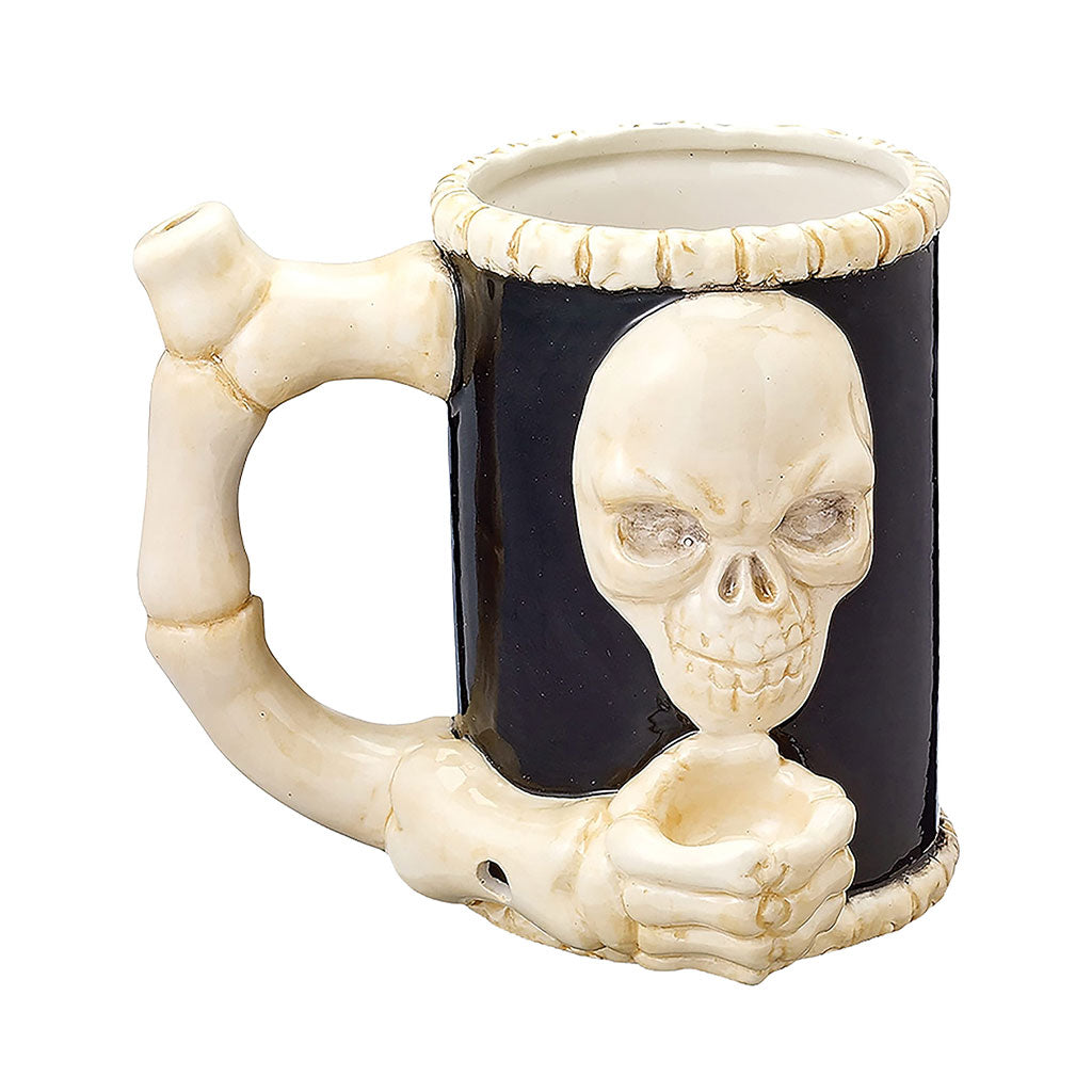 Skull and Bones Premium Roast and Toast pipe mug with black skull crossbones design, ceramic mug body, curved handle, and front bowl