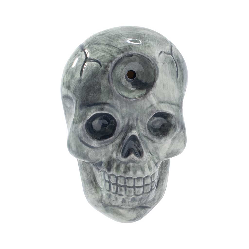 Front view skull ceramic hand pipe with top bowl—order today from Honeybee Herb for quick delivery.