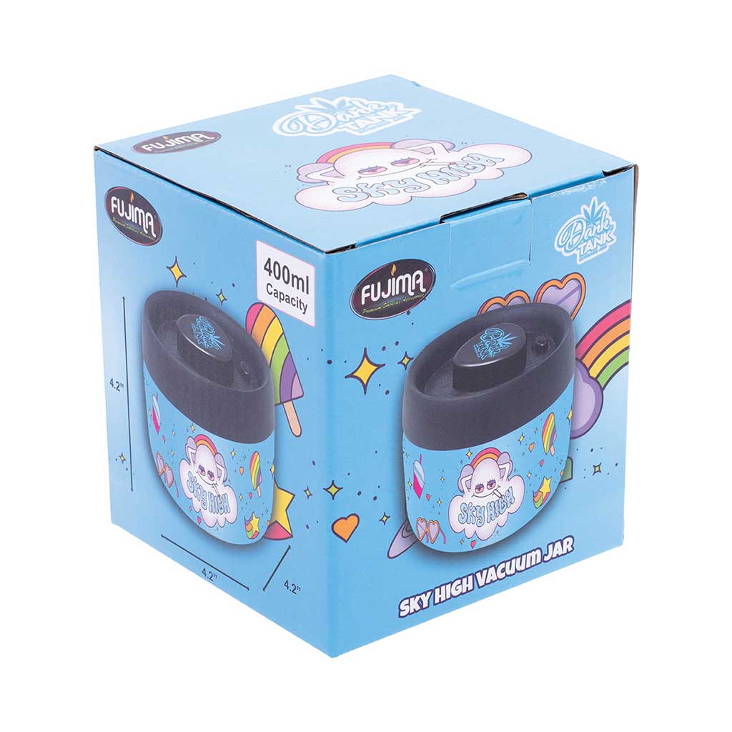 Sky High Ultra Dank Tank Vacuum Jar retail box, 400ml smell proof storage, order now at Honeybee Herb.