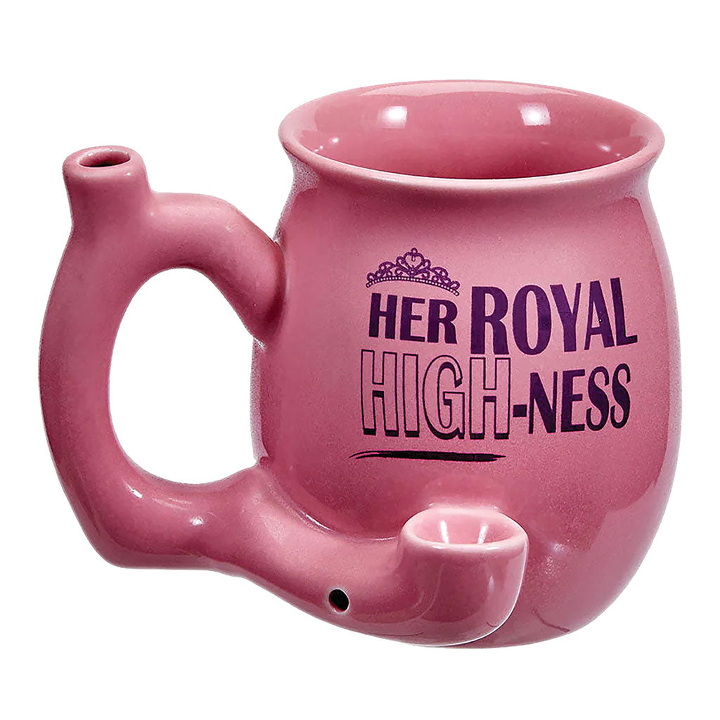 Small pink Her Royal High-Ness chubby pipe mug with glossy finish, built-in bowl, curved pipe-style handle, and side carb hole