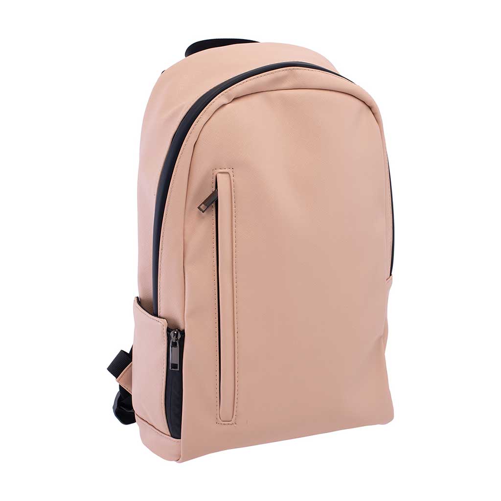 front angled view of sand dollar smellproof backpack 17in x 10in x 5in with zipper pocket