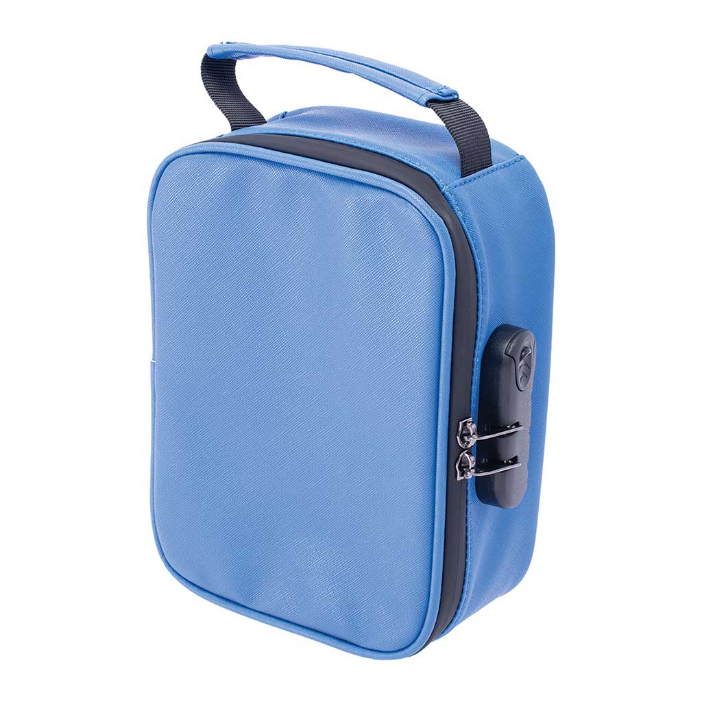  side standing view of classic blue smellproof bag 9in x 6.5in with handle 5. 9in x 6.5in x 3.5in classic blue smellproof bag with removable divider
