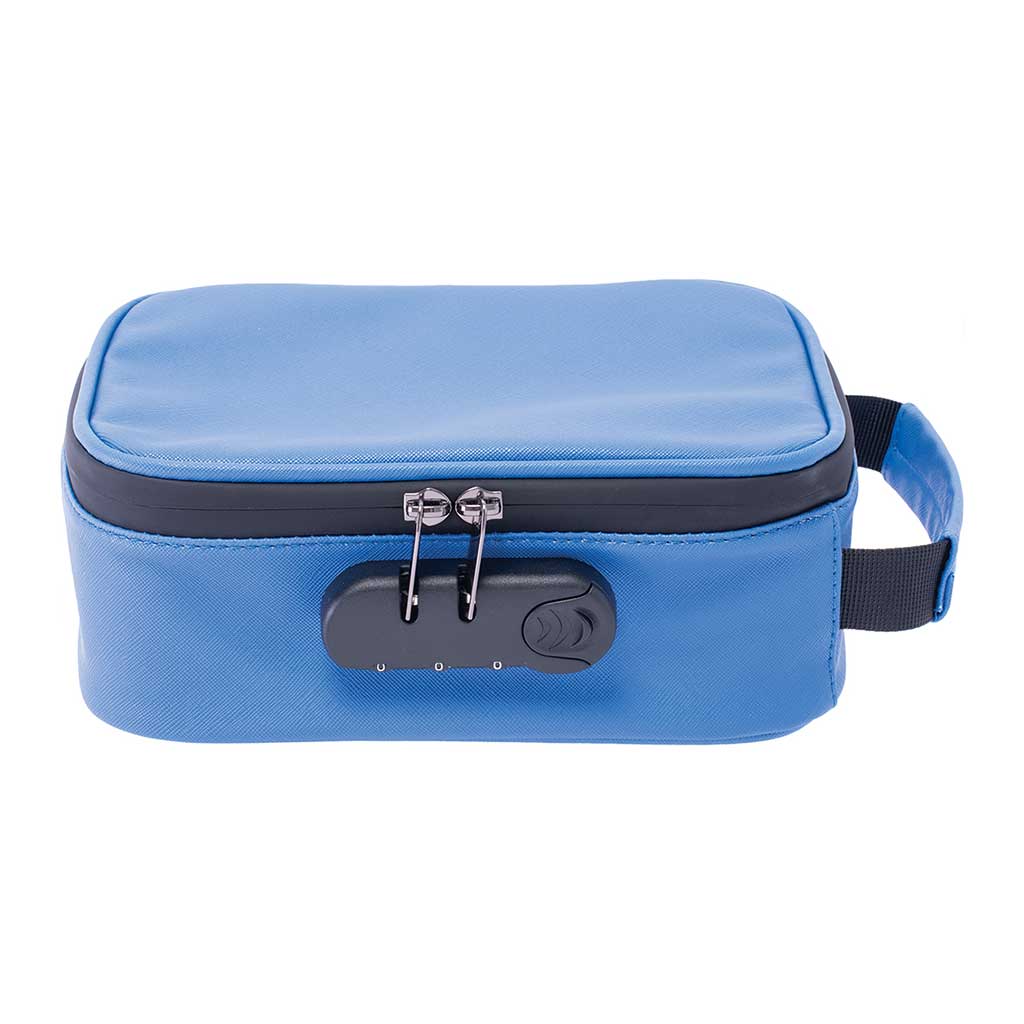 front view of 9x6.5x3.5 classic blue smellproof bag with lock