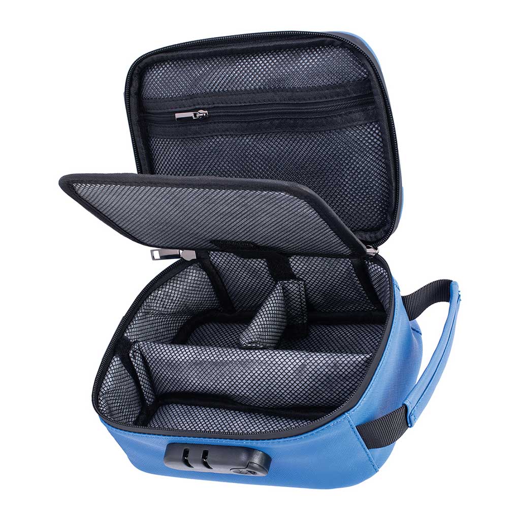 open view of 9in x 6.5in x 3.5in classic blue smellproof bag with compartments 