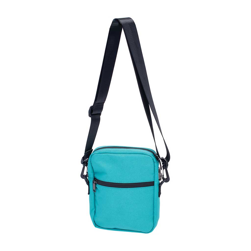turquoise smellproof bag 8.5in x 7in x 1.5in with shoulder strap 