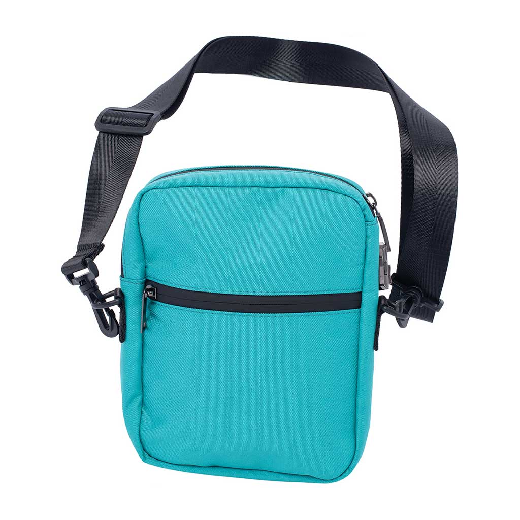 front view of turquoise smellproof bag 8.5in x 7in x 1.5in with zipper pocket