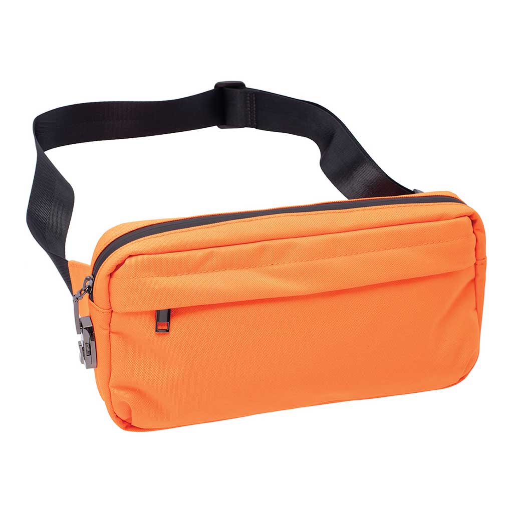  angled view of 11.5x5.5x2 neon orange smellproof sling bag with lock 