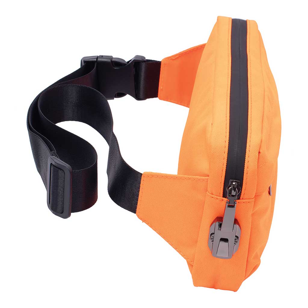 neon orange 11.5in smellproof sling bag side view with strap and zipper 