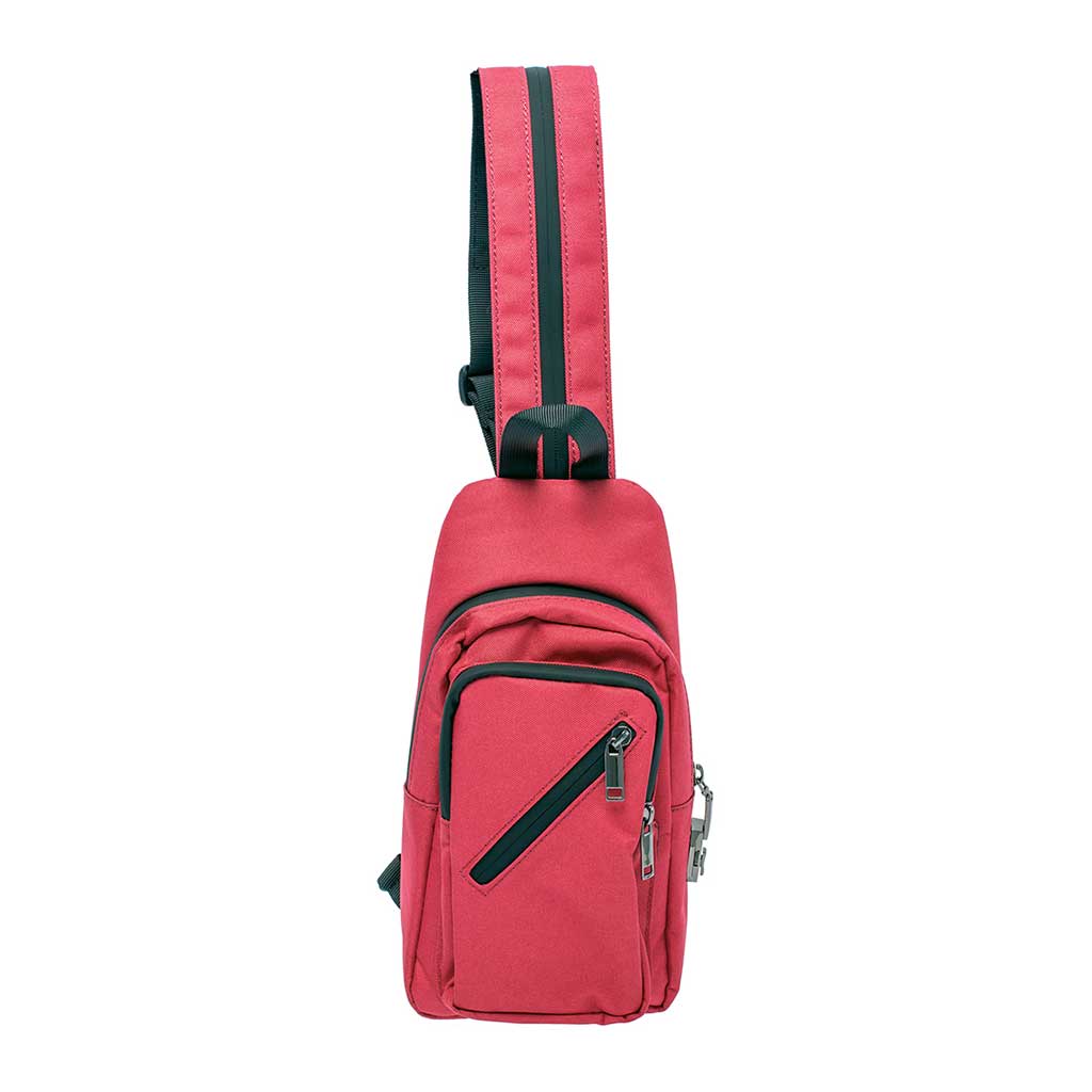front view of wine red 12in x 6in x 2in smellproof sling bag with strap 