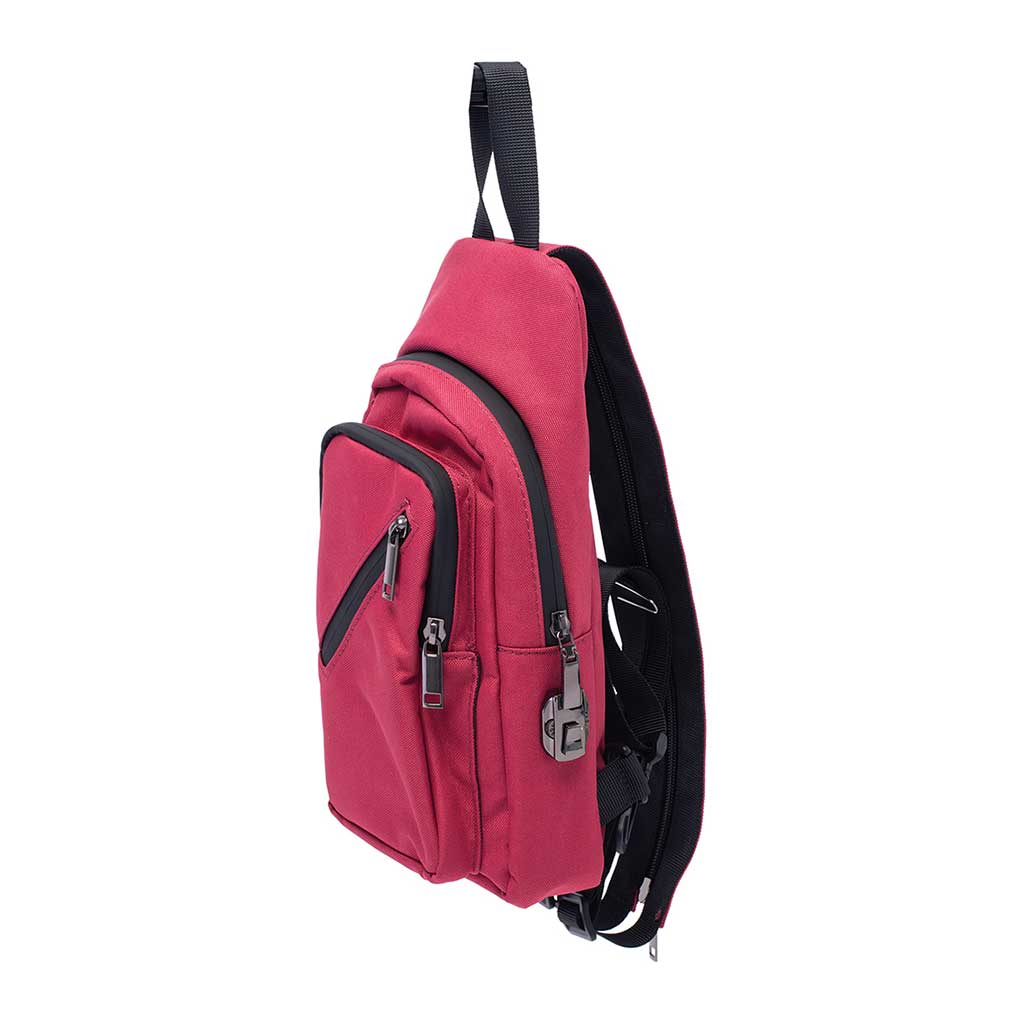angled side view of 12x6x2 wine red smellproof sling bag with lock and zippers