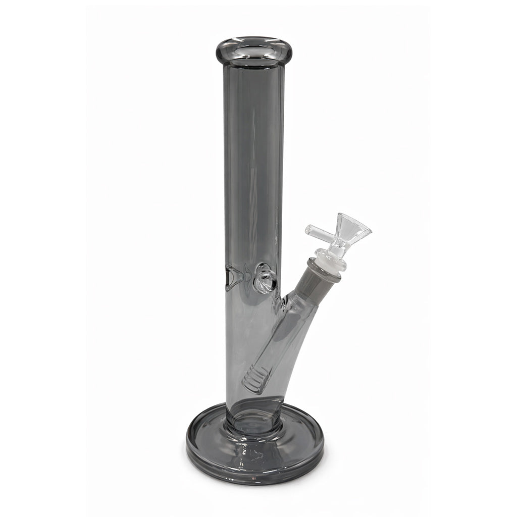 Smoke iridescent straight tube bong with wide round base and clear bowl, a sleek glass water pipe for everyday use.