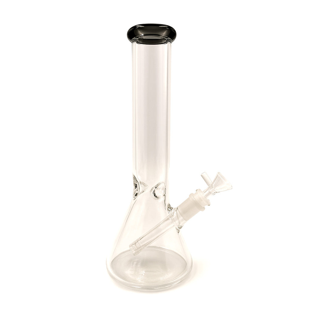 smoke tinted premium beaker bong with ice catcher and angled downstem, available for purchase at Honeybee Herb