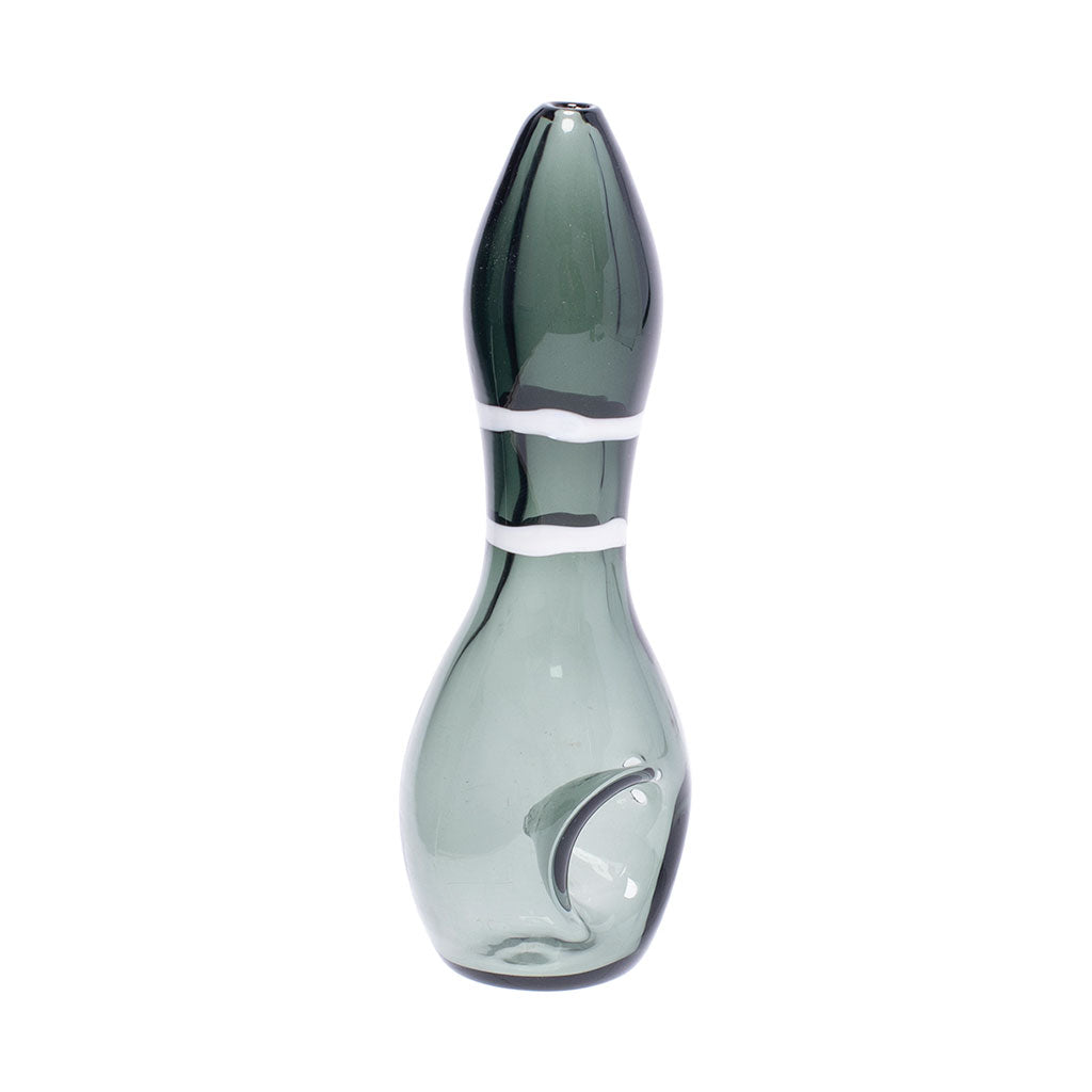 smokey grey bowling pin shaped glass hand pipe featuring white ring accent, modern smoking pipe, buy now at honeybee herb