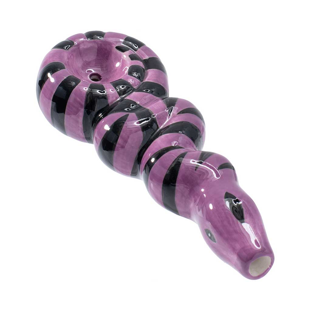Buy purple snake ceramic hand pipe, angled view showing deep bowl and carb—order online at Honeybee Herb. 