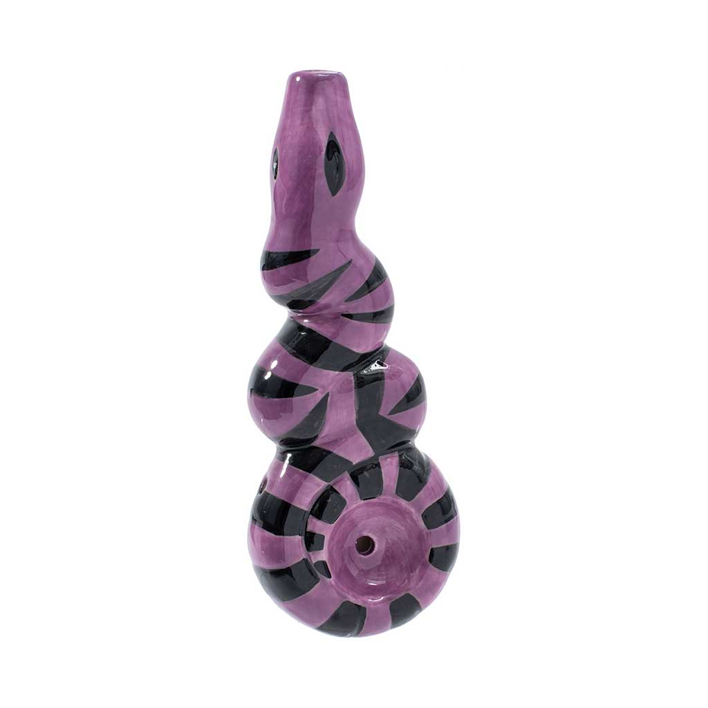 Shop purple snake ceramic hand pipe, standing view with rear bowl and mouthpiece—add to cart for fast, discreet shipping. 
