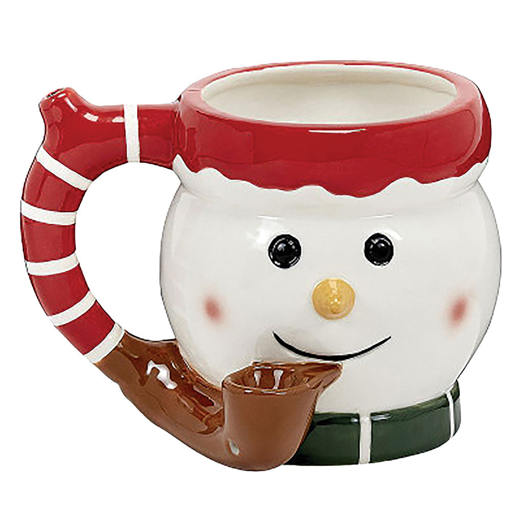 Snowman Premium Roast and Toast pipe mug with glossy white face, red hat rim, striped handle, green base, brown pipe stem, and built-in front bowl