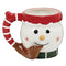 Snowman Premium Roast and Toast pipe mug with glossy white face, red hat rim, striped handle, green base, brown pipe stem, and built-in front bowl