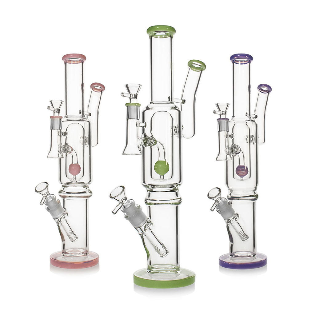 Sphere Perc Double Bowl Glass Bong in Pink, Green, and Purple – Available Now at Honeybee Herb