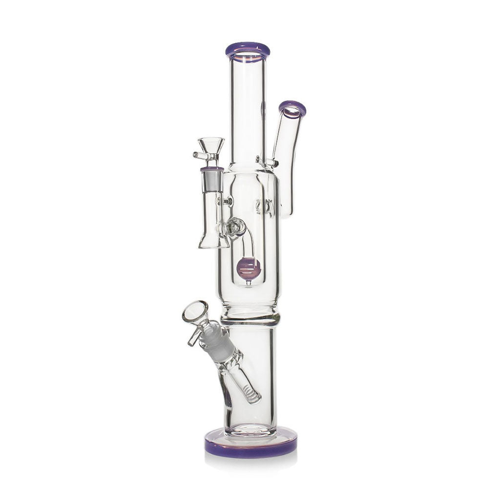 Angled view of Purple Sphere Perc Double Bowl Bong with Side Arm Recycler – Shop Now 