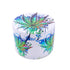 White 4-piece aluminum herb grinder with blue smoke splash artwork and green leaf design, lid view